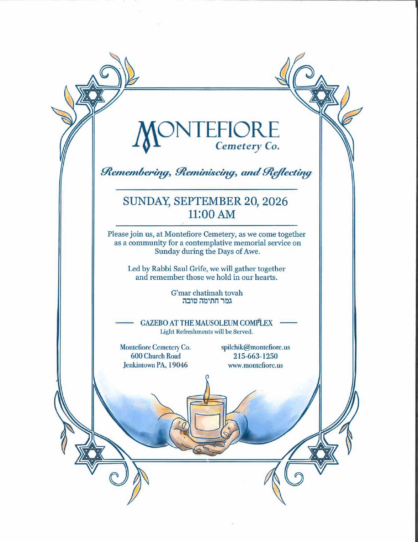 Invitation for the Days of Awe memorial service at Montefiore Cemetery on Sunday, September 20, 2026 at 11:00 AM